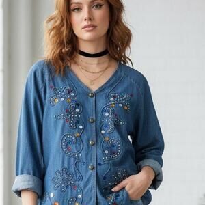 80’s McBling Grannycore denim studded rhinestone blouse by Bingo!Bingo!